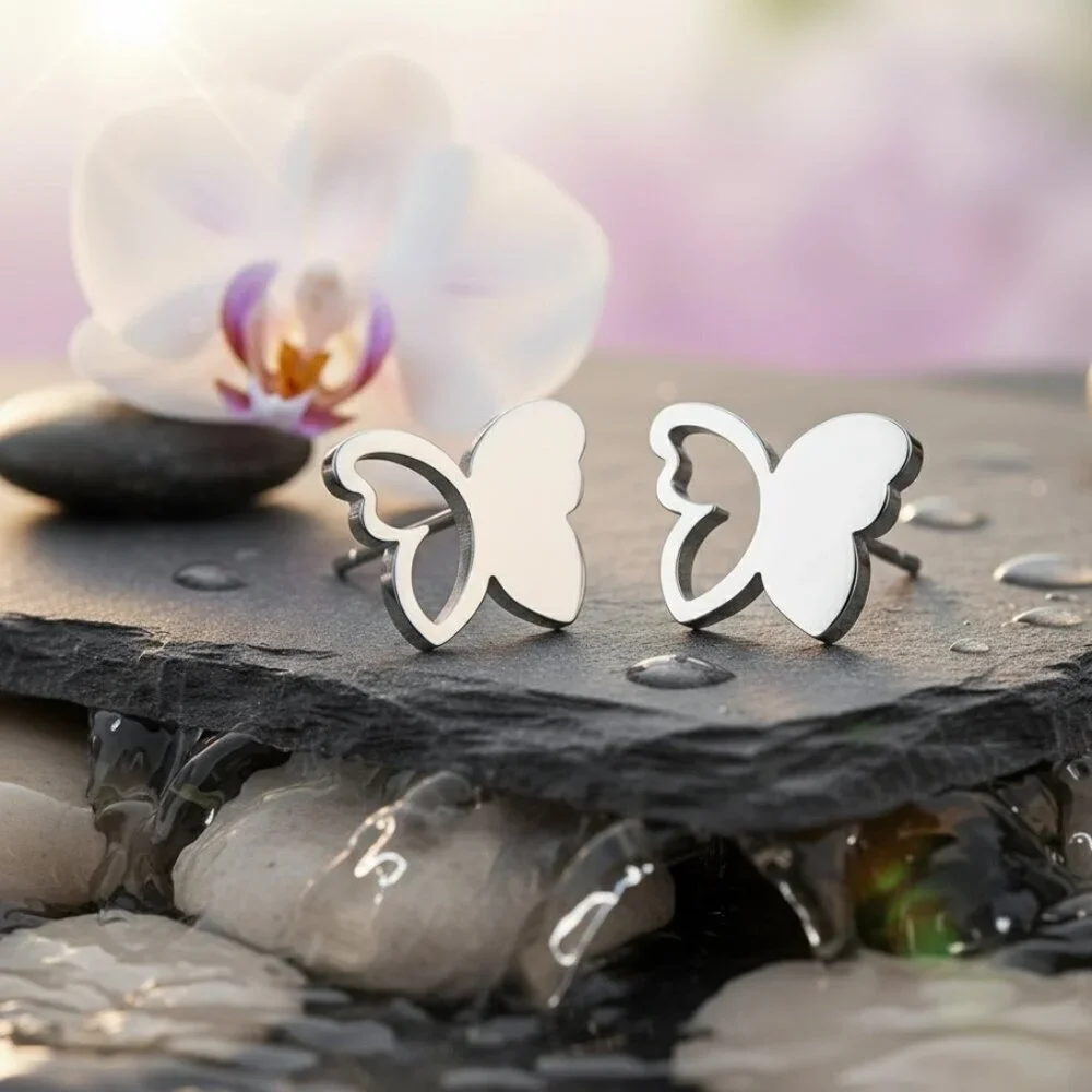 18K Gold Plated Stainless Steel Butterfly Stud Minimalist Trendy Earrings